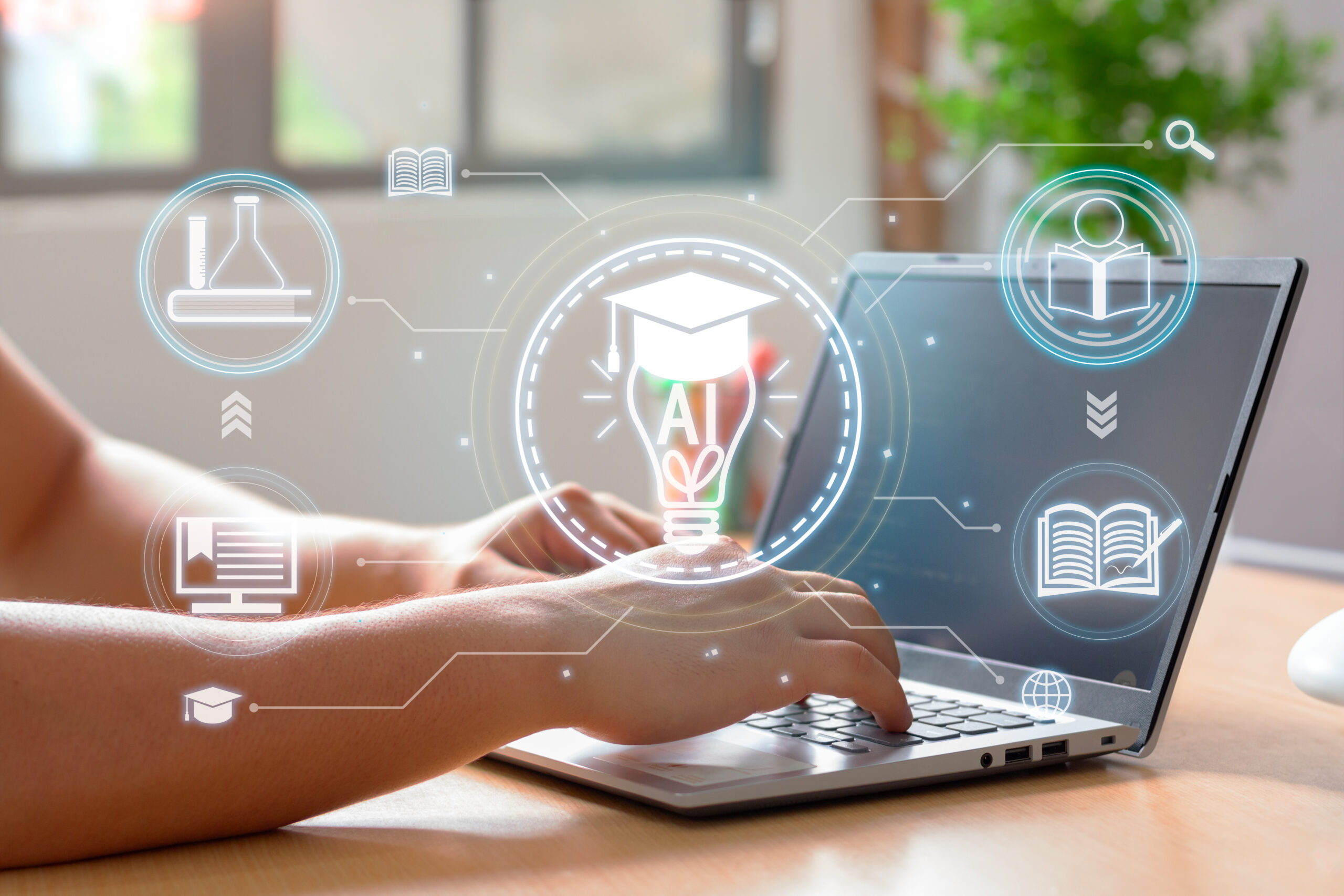 Person using laptop with AI and education icons, symbolizing innovation and leadership in higher education.