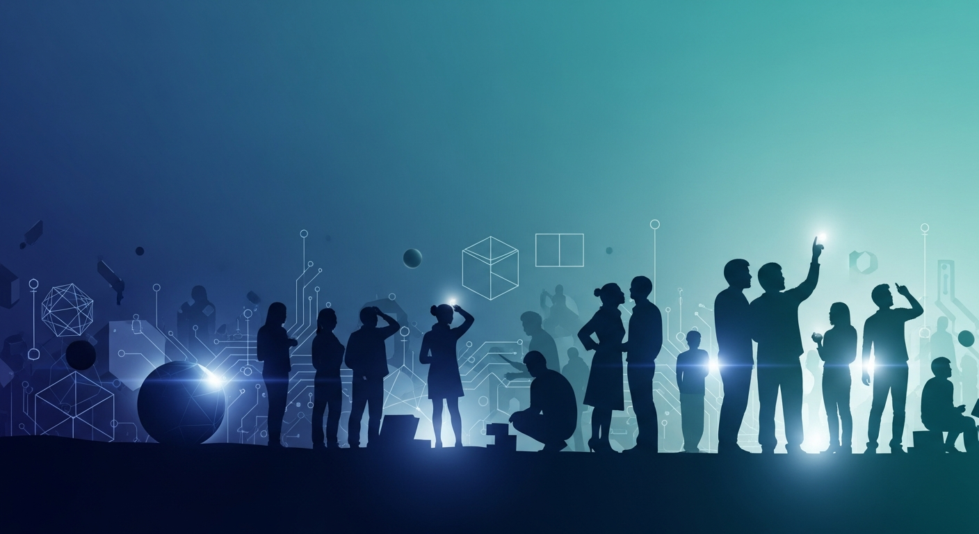 Silhouettes of diverse learners and professionals stand and interact against a blue-to-teal gradient background, surrounded by abstract geometric shapes, data lines, and technology-inspired elements symbolizing innovation, inquiry, and the future of work.